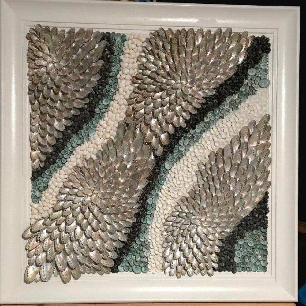 Elegant Winged Mosaic Art in White Frame